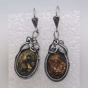 Vtg Sterling & Amber Floral Art Nouveau Revival Leaf & Vines Earrings 1.9” | 9g